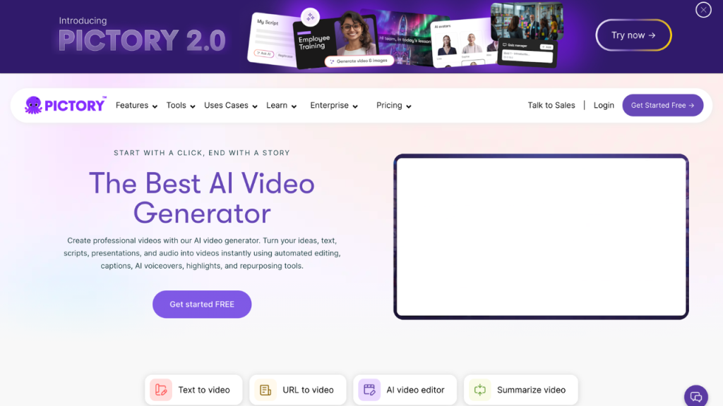 Pictory AI video creation dashboard